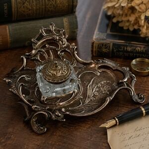 Art Nouveau Brass Desk Inkwell Heavy Cast Metal Victorian Library Dark Academia
